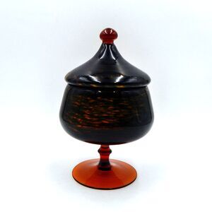 Amber Glass Circus Tent Lid Candy Dish Compote Pedestal Blue Swirl 9 Inch Jar